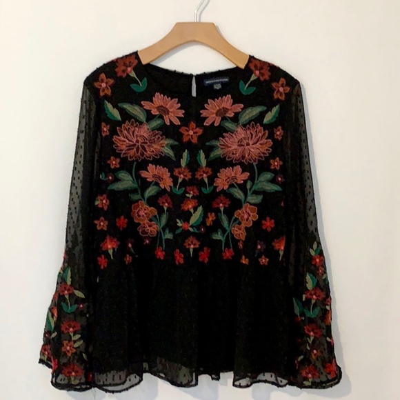 American Eagle Outfitters Tops - 50% OFF Boho Sheer Black Floral Embroidered Top